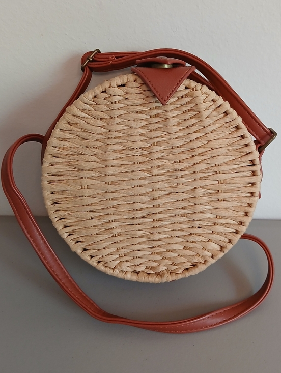Handbags - Women's Round Woven with Brown Trim Crossbody Handbag Bag Purse